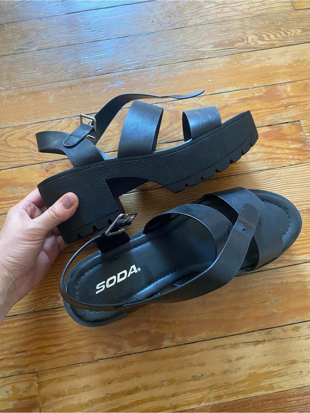 Soda Black Chunky Platform Strappy Sandals